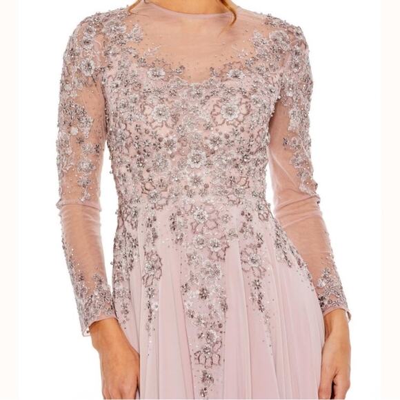 Mac Duggal High Neck Mesh Long Sleeve Embellished A Line Gown 20478 Womens Sz 14 - Picture 3 of 10